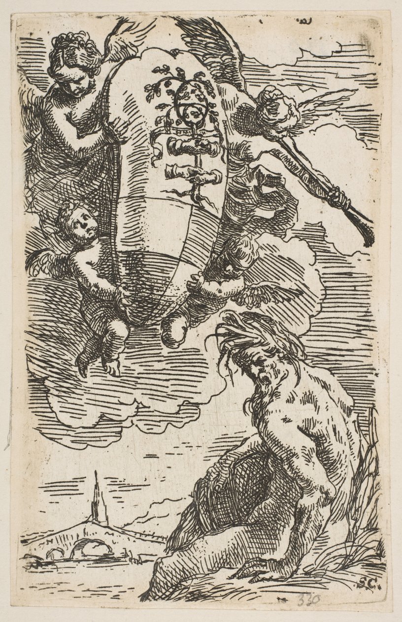 Allegorie des Flusses Foglia mit dem Wappen der Stadt Pesaro, Frontispiz für ..., ca. 1639 von Simone Cantarini