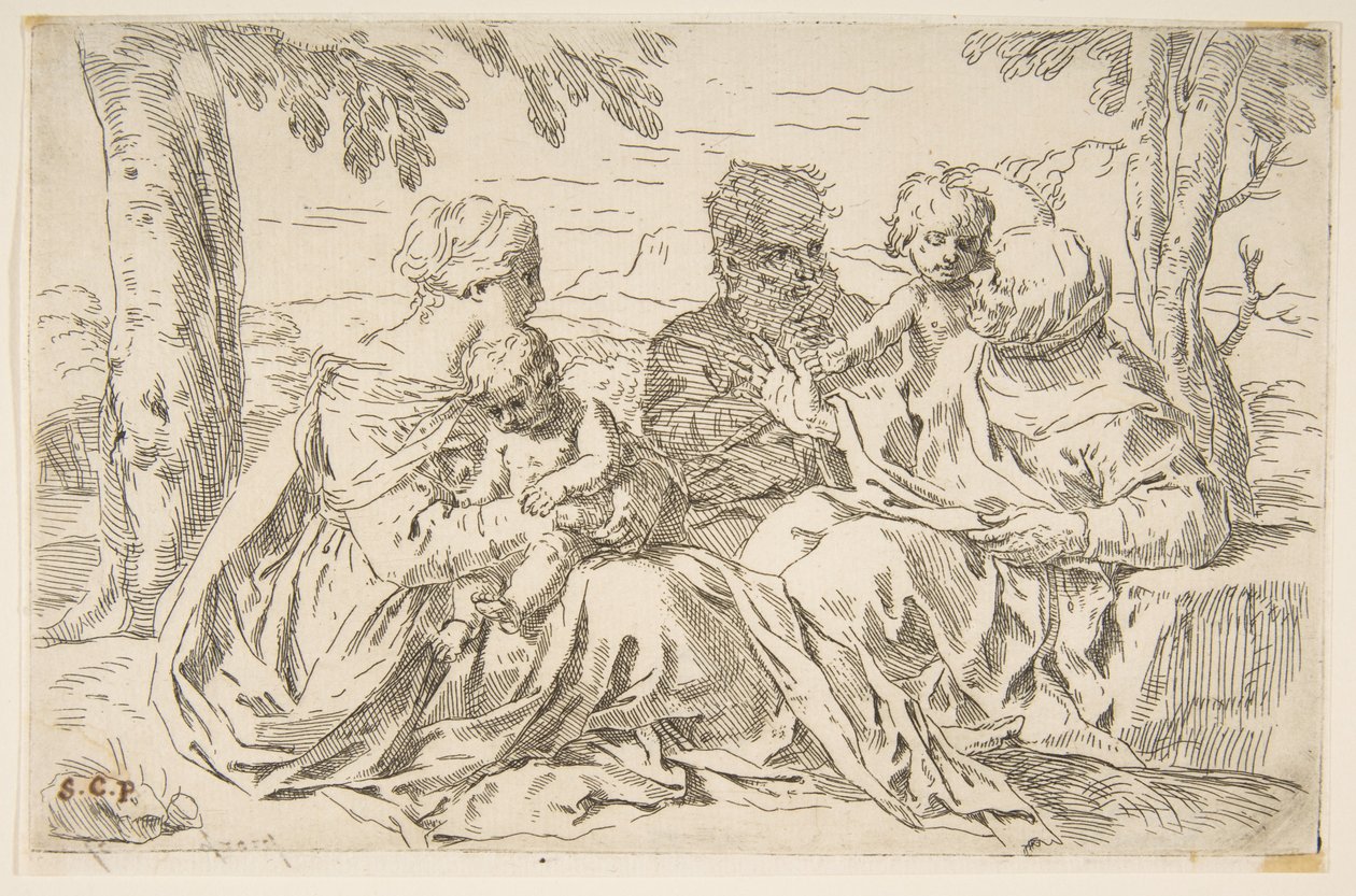 Heilige Familie mit der Heiligen Elisabeth und dem Heiligen Johannes dem Täufer, ca. 1639 von Simone Cantarini