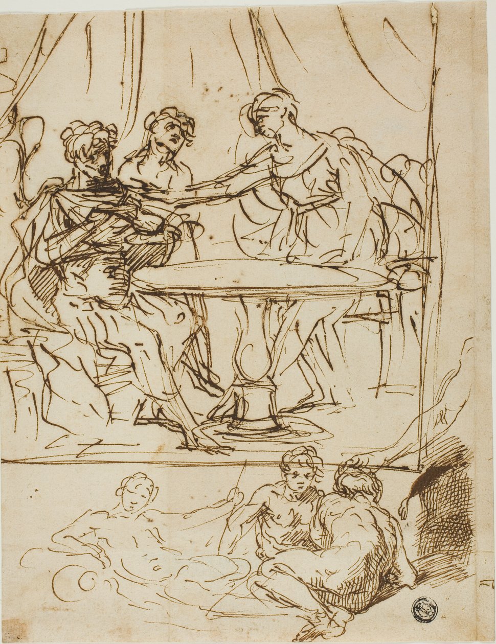 Judith mit dem Kopf des Holofernes und Skizzen von Flussgöttern (recto); Weiblicher Kopf, nach oben blickend (verso) von Simone Cantarini