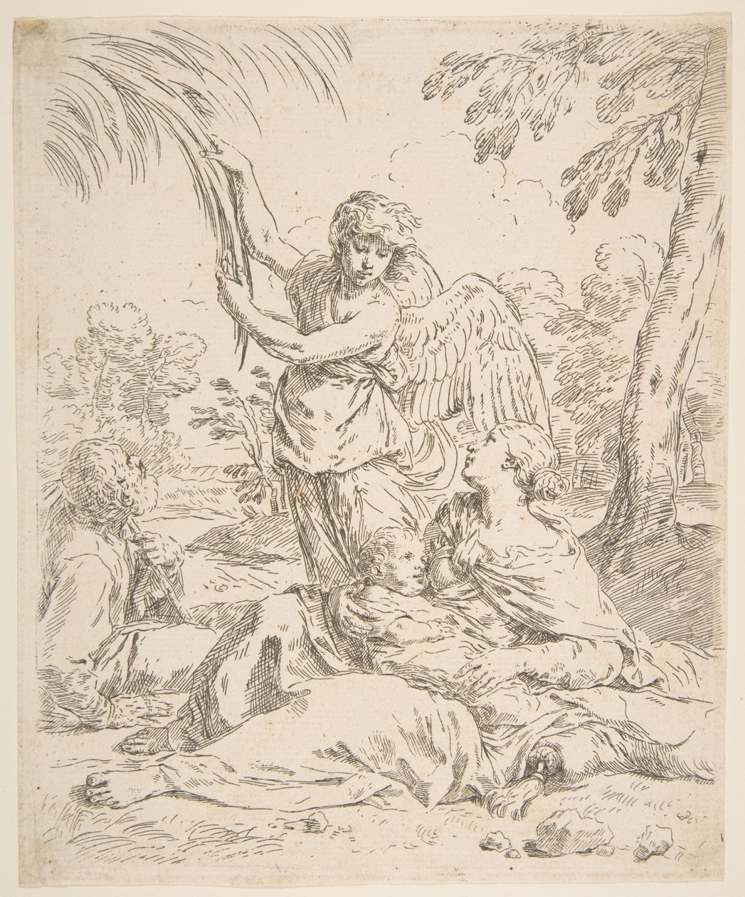 Ruhe in Ägypten, Maria stillt das Christkind, während ein Engel an Baumzweigen zieht, ca. 1639 von Simone Cantarini