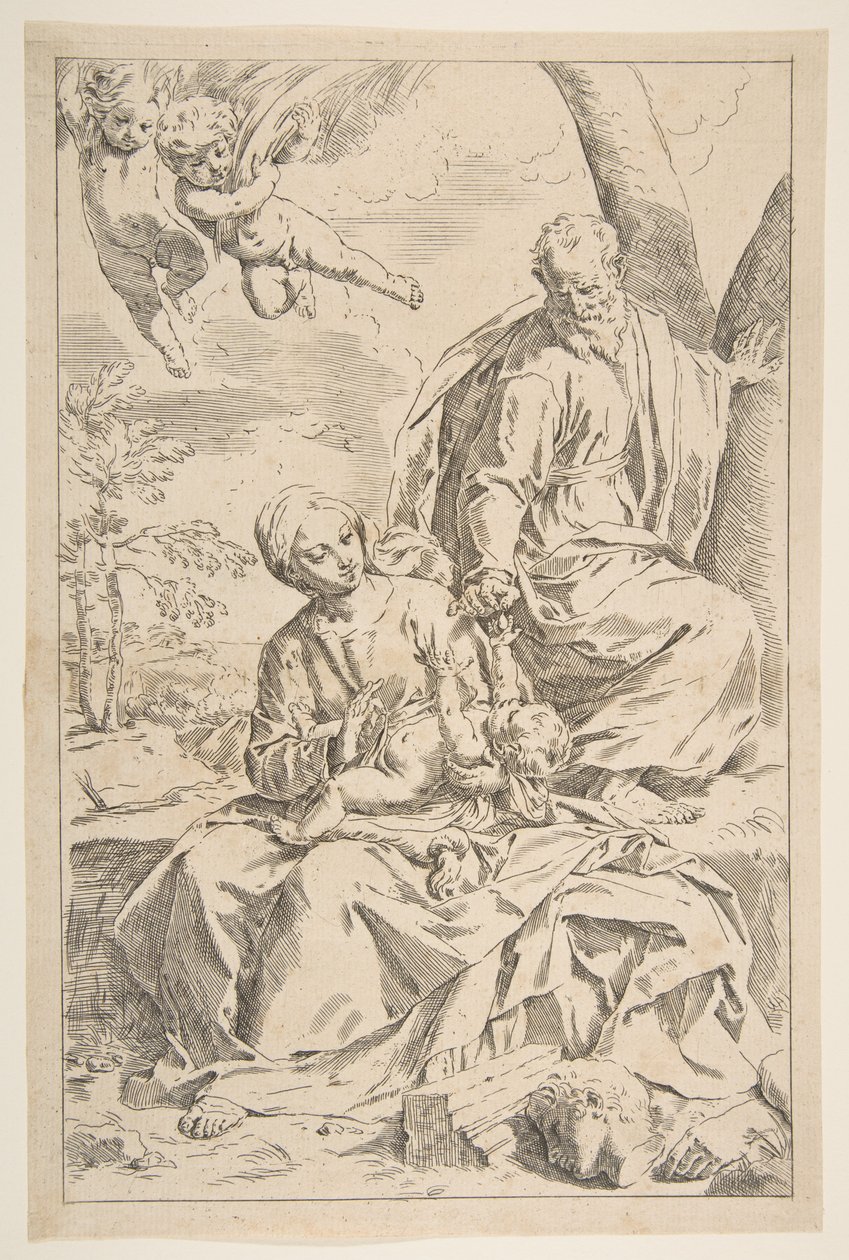 Ruhe auf der Flucht nach Ägypten, Maria hält das Jesuskind, während St. Joseph..., ca. 1639 von Simone Cantarini