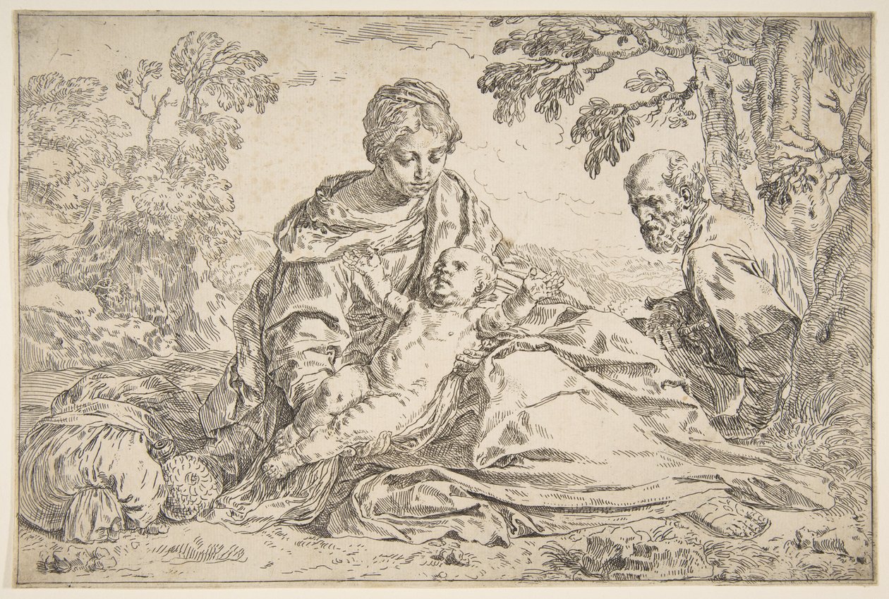 Ruhe auf der Flucht nach Ägypten, Maria hält das Jesuskind mit St. Joseph rechts, ca. 1640 von Simone Cantarini