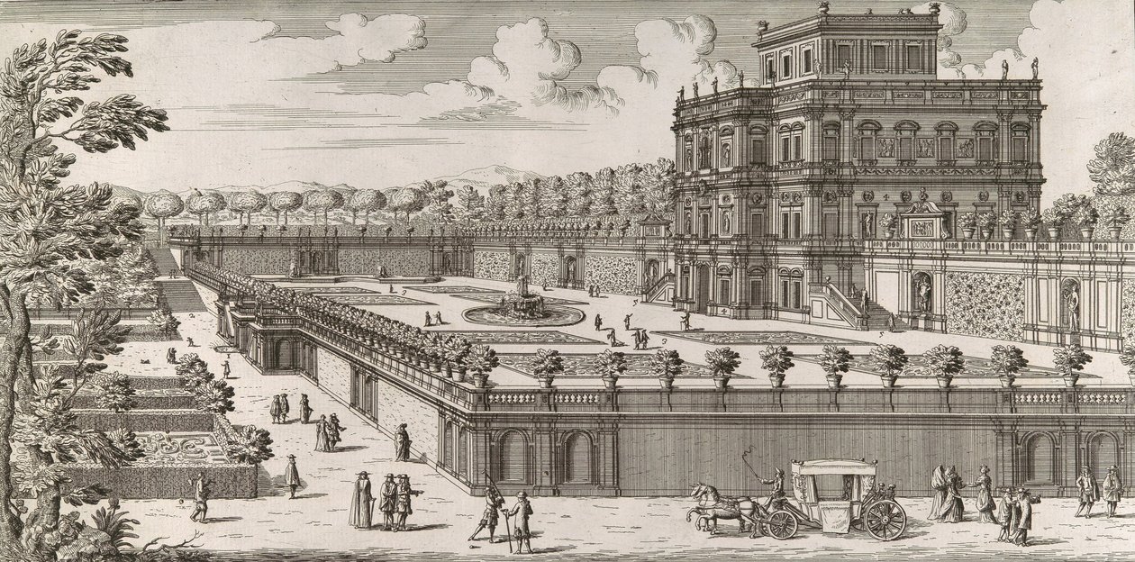 Ansicht der Seitenfassade des Palazzo Pamphili und seines Gartens, nach 1677 von Simone Felice