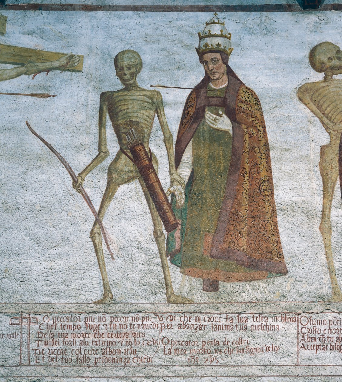 Der Tod fordert den Papst zum Tanz auf (Detail) aus dem Totentanz von Simone II Baschenis
