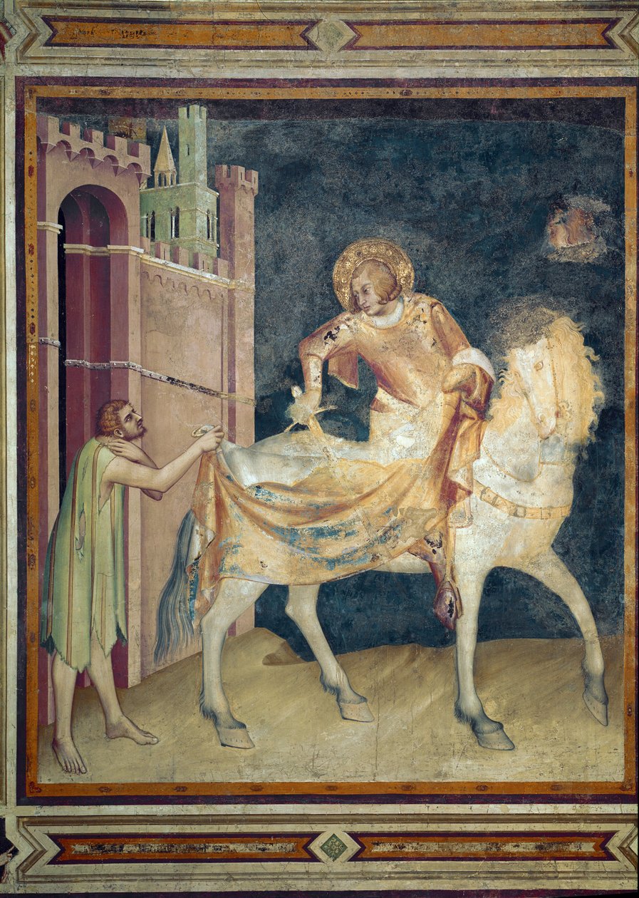 Der heilige Martin teilt seinen Mantel mit einem Bettler. Fresko von Simone Martini (1282-1344). 1315. Untere Basilika des Heiligen Franziskus von Assisi, Kapelle des Heiligen Martin. von Simone Martini