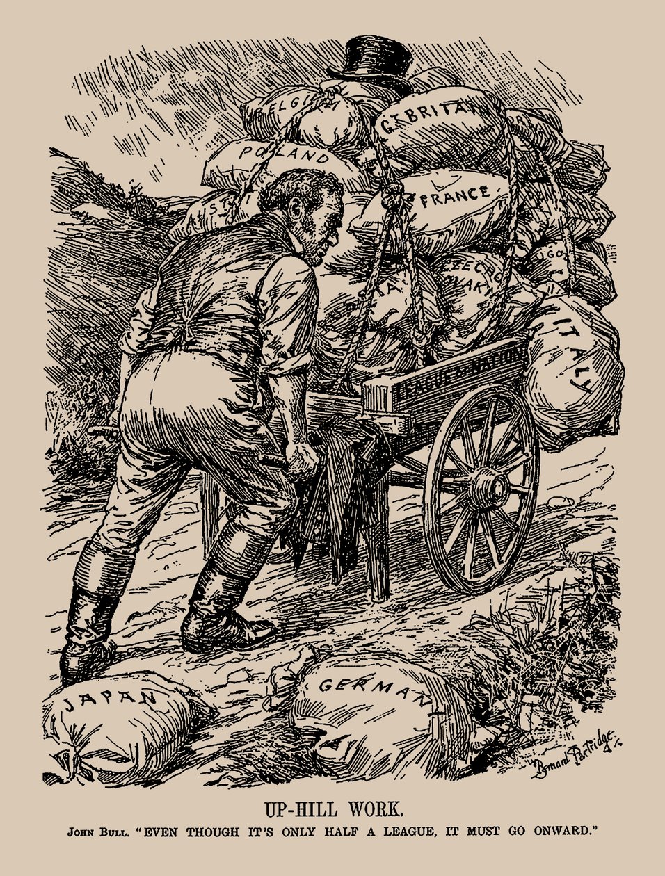 Schwere Arbeit. John Bull. Obwohl es nur eine halbe Liga ist, muss es weitergehen, 1935 von Sir Bernard Partridge