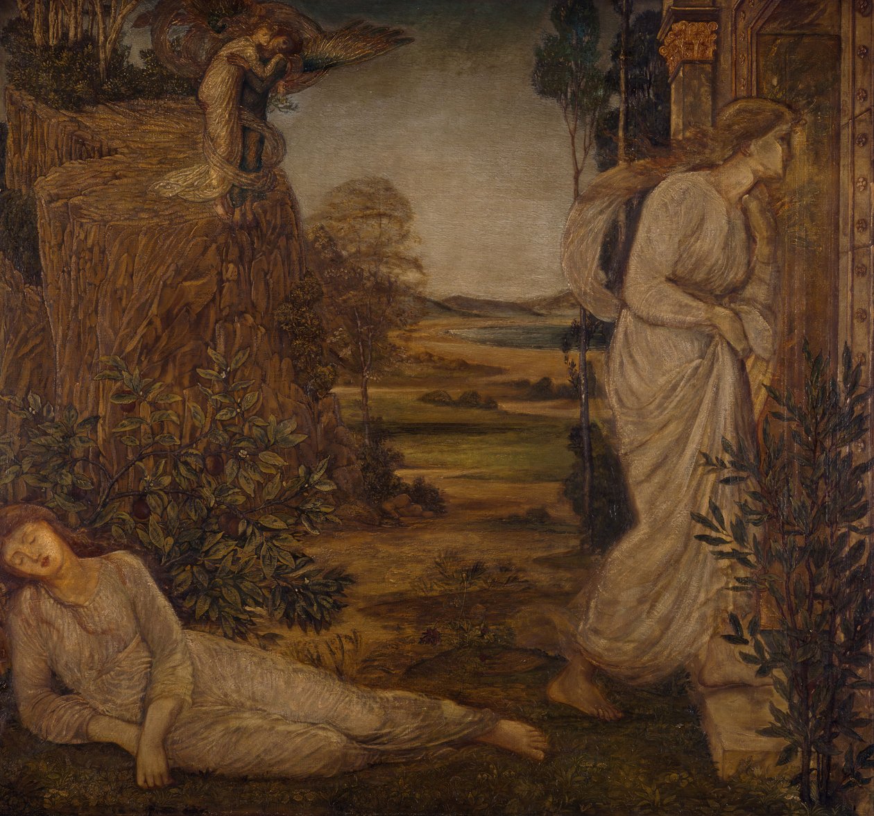 Amor und Psyche - Palastgrüne Wandgemälde - Zephyrus trägt Psyche zum Berg von Sir Edward Coley Burne Jones