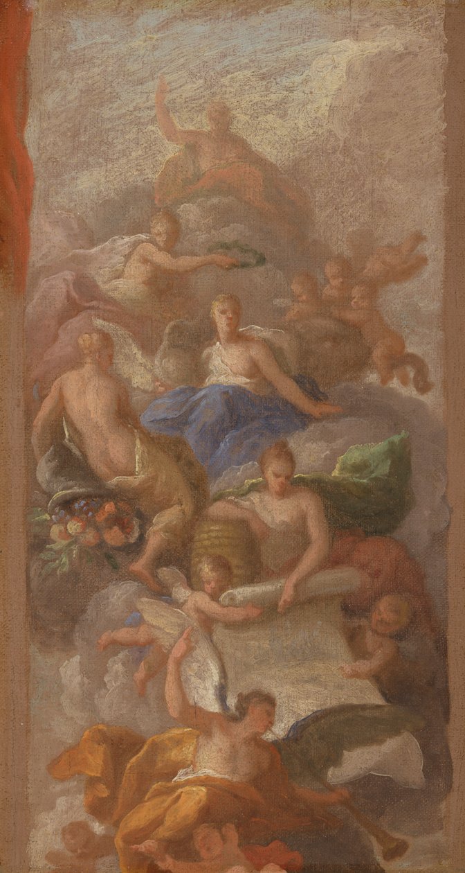 Eine Skizze der Dankbarkeit, gekrönt von Frieden, mit anderen allegorischen Figuren von Industrie, Ruhm und Fülle von Sir James Thornhill