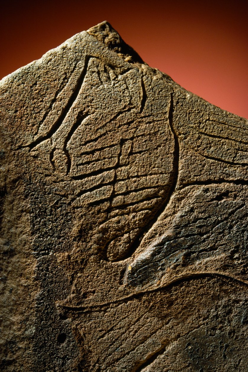 Elegante Gravur eines menschlichen Profils auf einem prähistorischen Kalksteinversteck gefunden von Sisse Brimberg