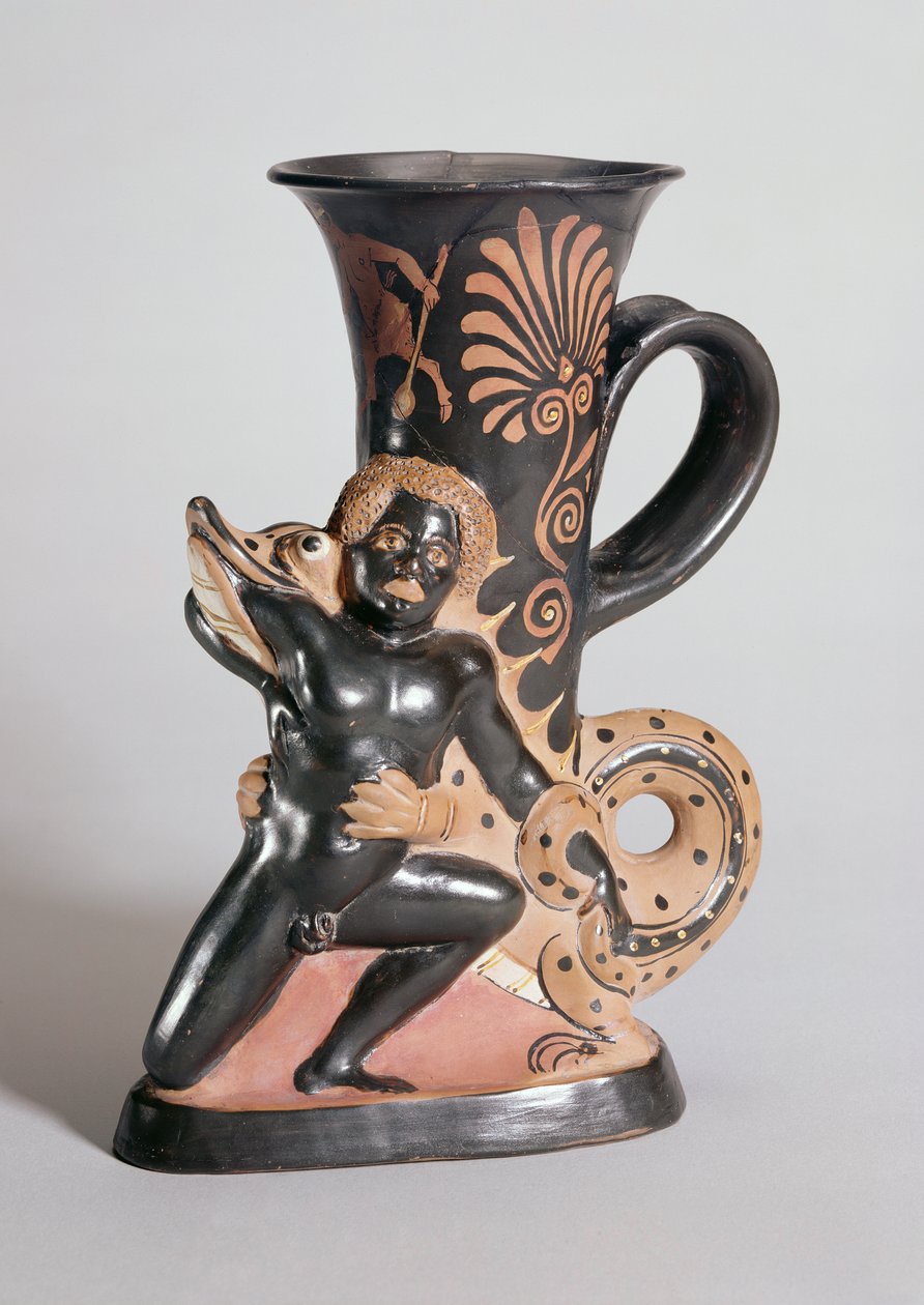 Rotfiguriges hornförmiges Rhyton, das einen Krokodil zeigt, das einen Nubier angreift, griechisch, ca. 350 v. Chr. von Sotades
