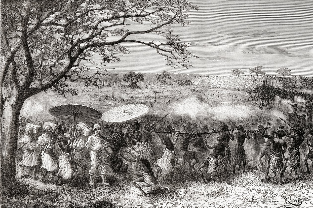 Ein kongolesischer Stamm begleitet den Entdecker Pietro Paolo Savorgnan di Brazza und seine Expedition zu ihrem Dorf, aus 