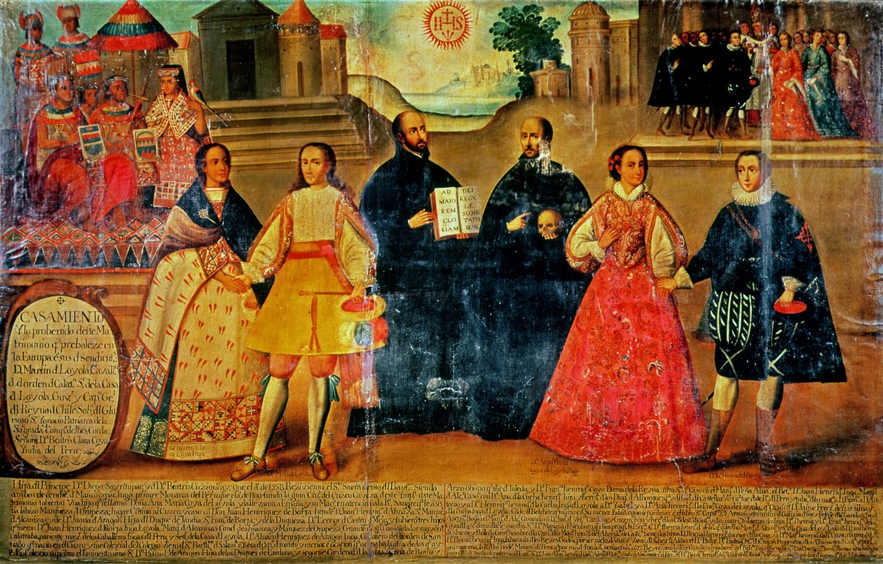 Doppelhochzeit zwischen zwei Inka-Frauen und zwei Spaniern im Jahr 1558, ca. 1750 von Spanish School