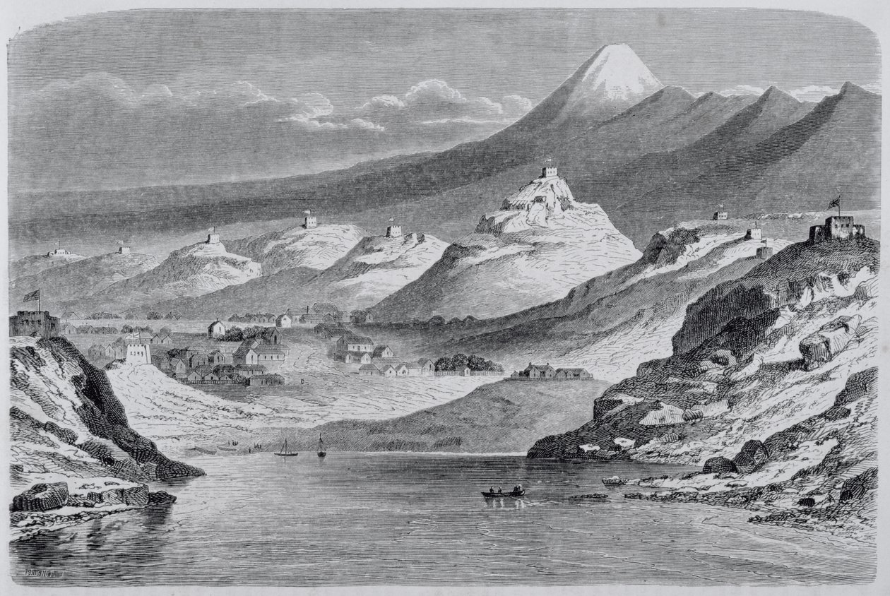 Ansicht von New Plymouth und Mount Egmont, Illustration aus The Return to the World, 1865 von Spanish School