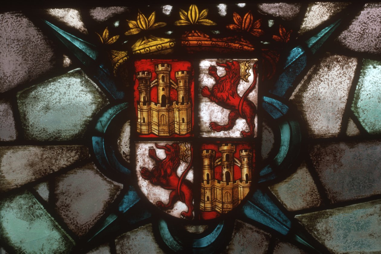 Ein Wappen mit zwei Burgen und zwei aufrechten Löwen von Spanish School