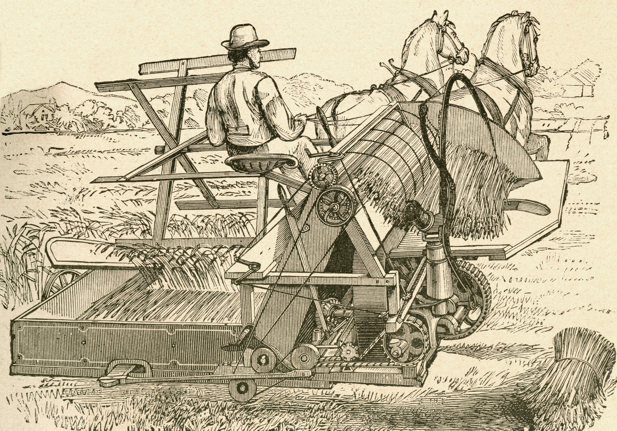 Eine Erntemaschine, von Pferden gezogen, die die Getreidebündel mechanisch band, verwendet im späten 19. Jahrhundert. Aus El Museo Popular, veröffentlicht in Madrid von Spanish School
