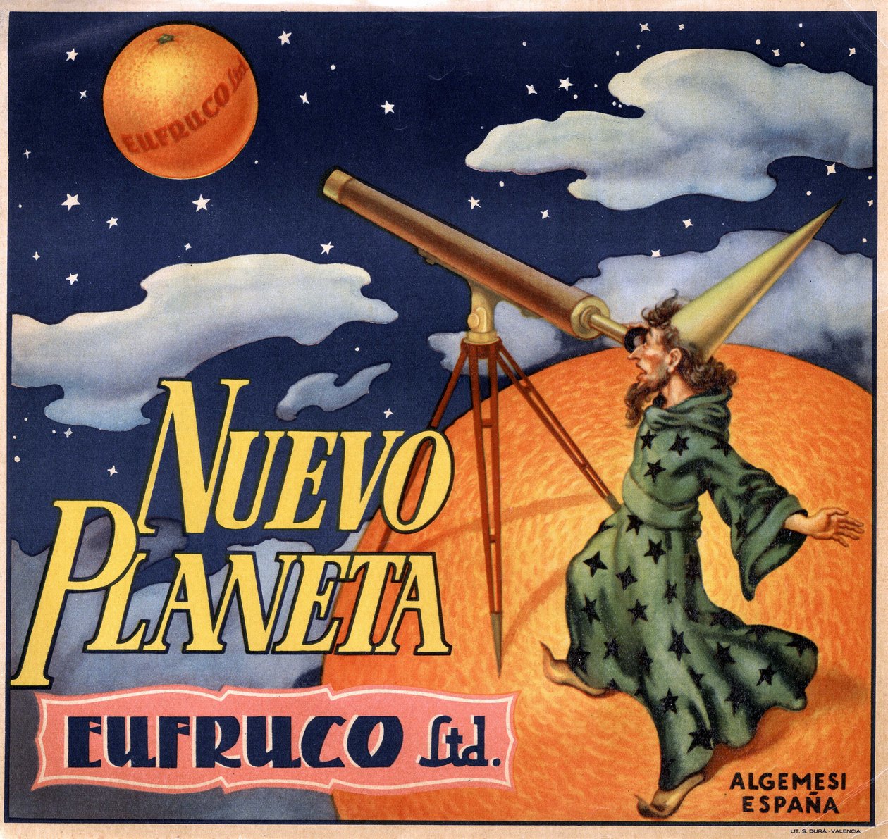 Werbung mit einem Magier, der „den neuen Planeten Orange“ beobachtet. Werbeplakat, Valencia von Spanish School