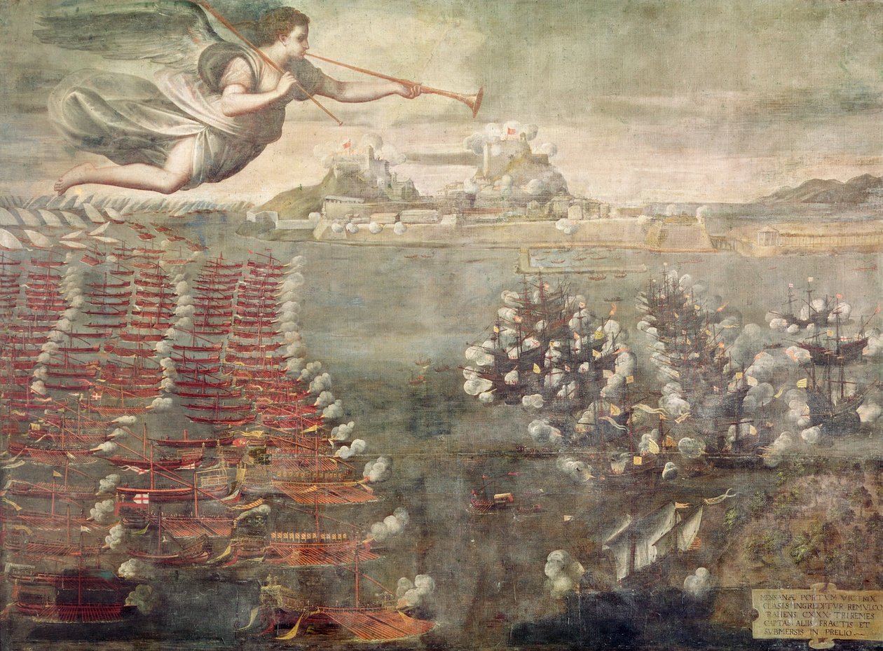 Schlacht von Lepanto. Siegreiche Schiffe betreten den Hafen von Messina von Spanish School
