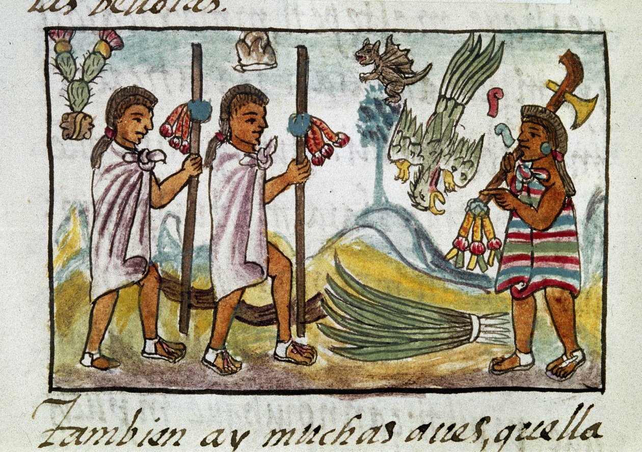 Codex der Eroberung Mexikos: Kaufleute verkleidet in Tzinacantlan. Miniatur des Florentiner Manuskripts 