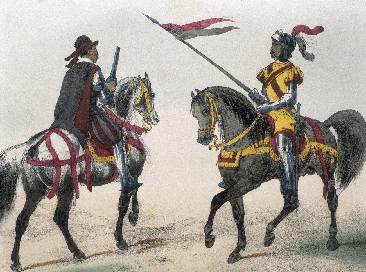 DE SOTTO, Serafin Maria, Graf von Clonard (1793 - 1862). Historia organica de las armas de Infanteria y Caballeria espanolas. 1851 - 1859. Kavalleristen während der Herrschaft von Philipp II. von Spanien. "Heraldo de caballeria" (Herold der Waffen) und "ho von Spanish School