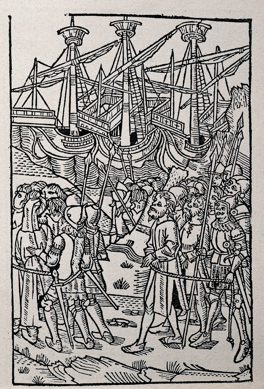 Kupferstich in Geschichte von Vespasian, gedruckt 1495 in Zaragoza (s/w Illustration) von Spanish School