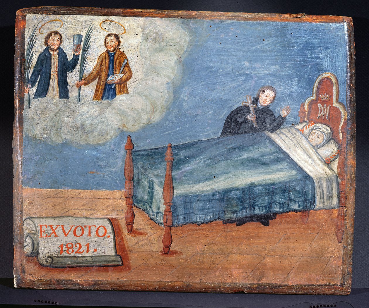Ex Voto, gewidmet den Heiligen Cosmas und Damian, als Dank für die Heilung einer kranken Frau, 1821 von Spanish School