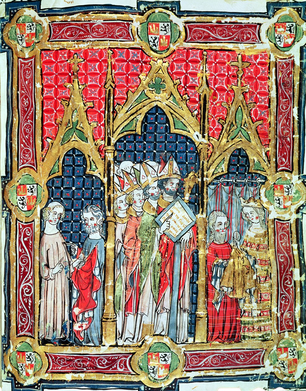 Krönung der Könige von Aragon und Kastilien: Alfonso VII (1105-57) bietet goldenes Brot in Anwesenheit des Erzbischofs von Toledo an, aus dem Libro de los Testamentos von Spanish School