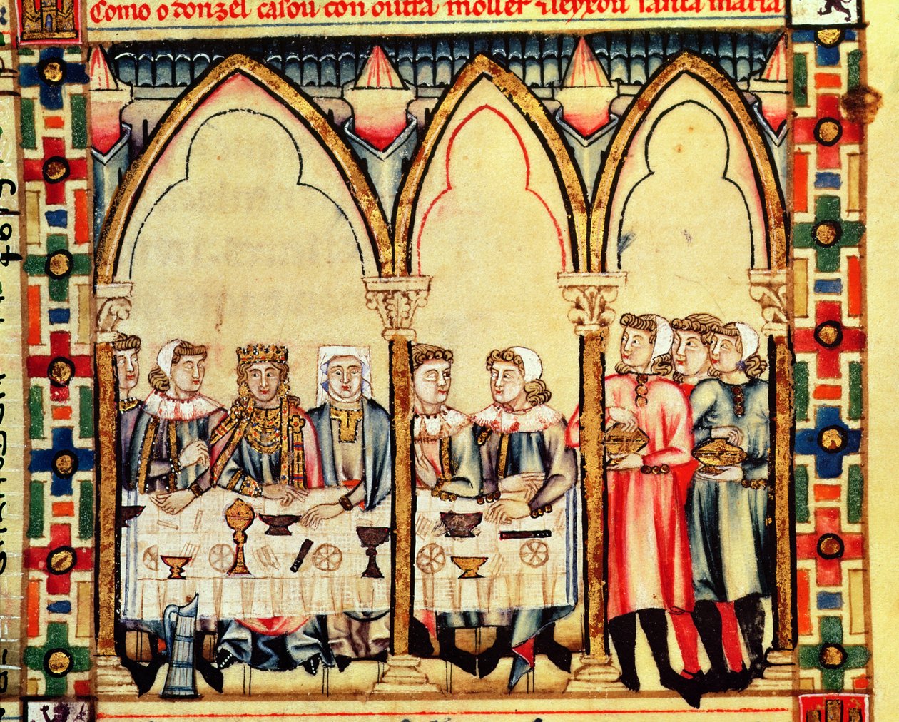 Fol.16v Verlobungsbankett, aus dem Manuskript, das unter der Leitung von Alfons X. dem Weisen, König von Kastilien und León, erstellt wurde von Spanish School