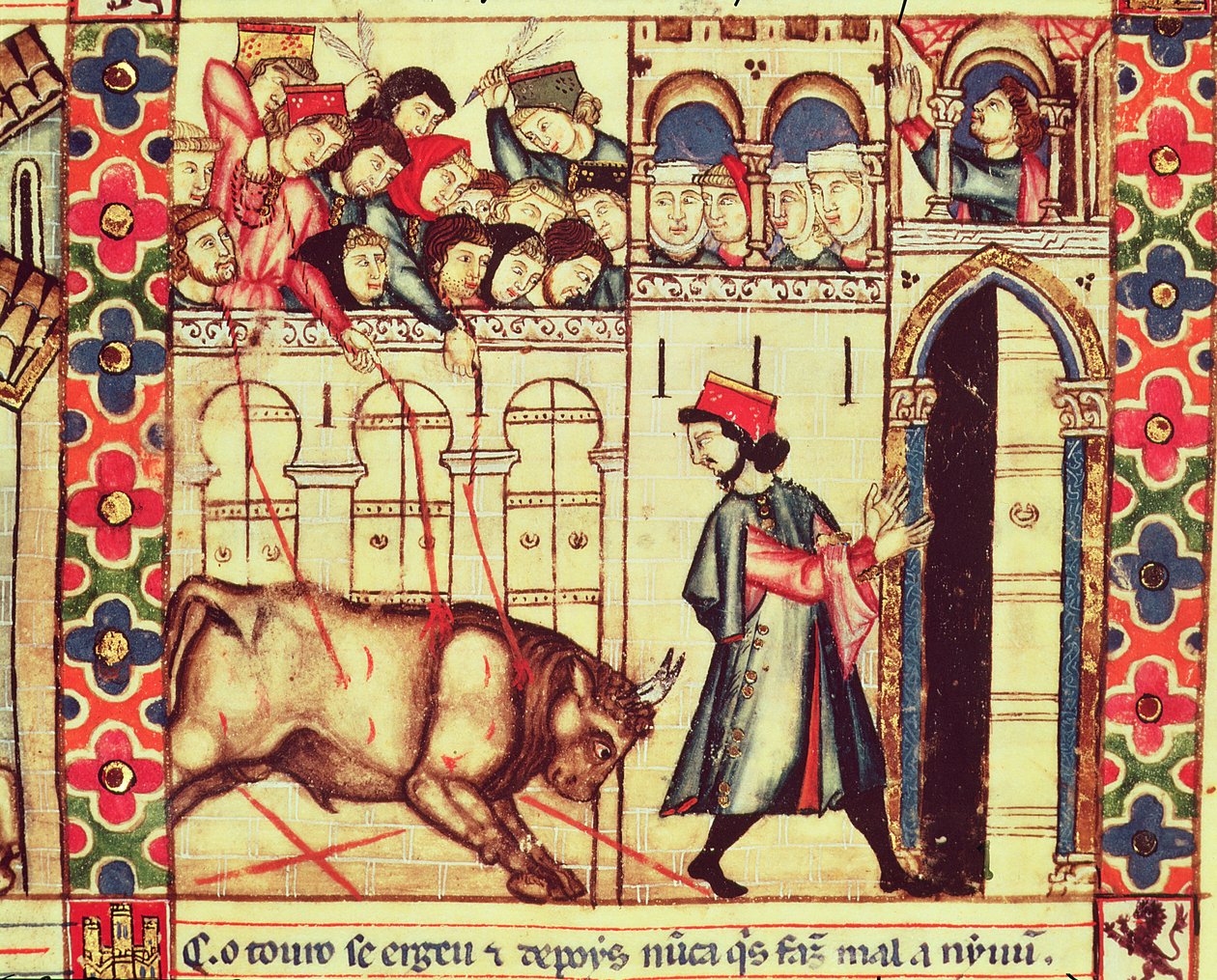Fol.200r Tod eines Stiers in der Arena, aus dem Manuskript unter der Leitung von Alfonso X Der Weise König von Kastilien und León von Spanish School