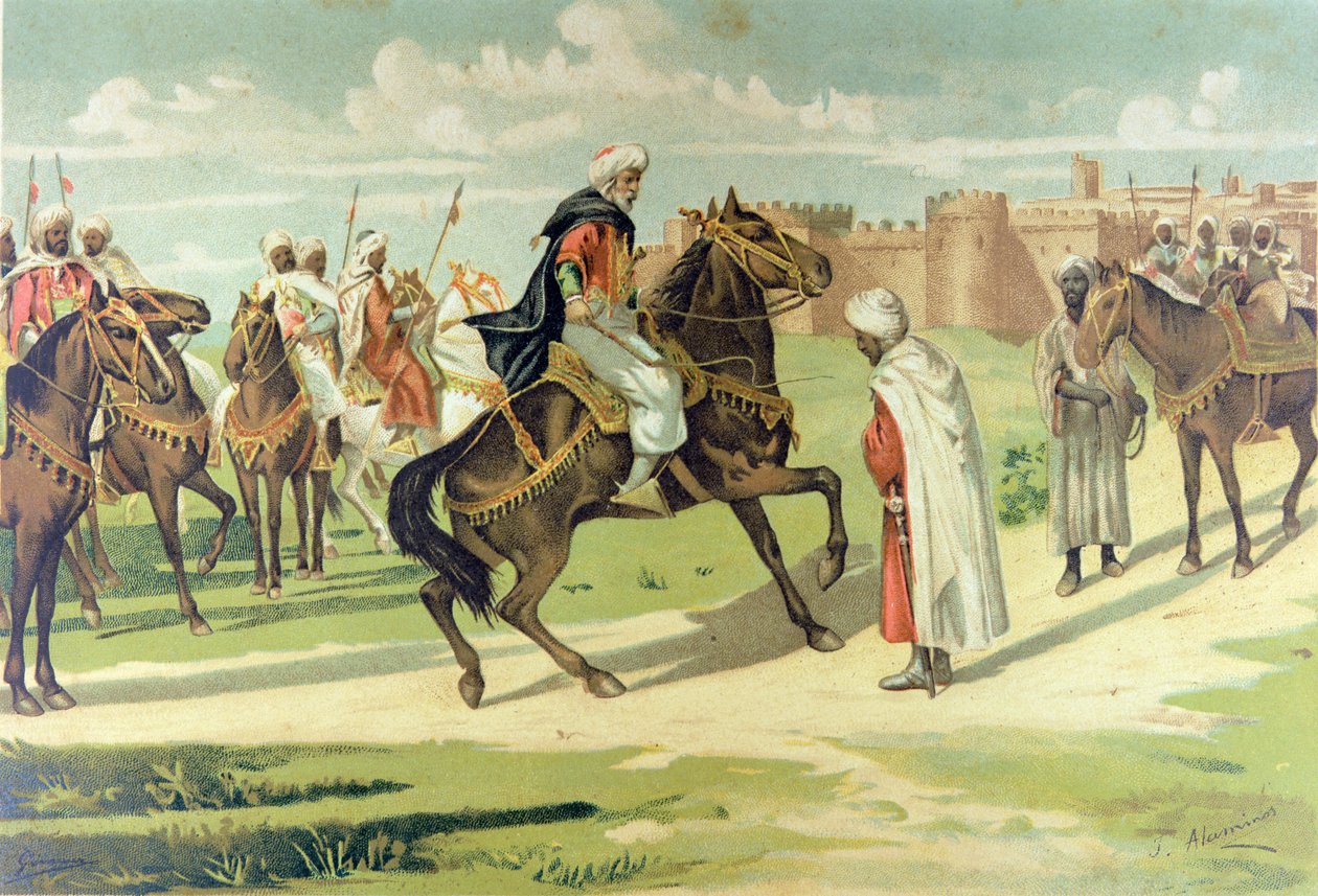 General Muza Ibn Nusayr peitscht seinen Stellvertreter Tarik aus, weil er während der Eroberung von Andalusien und Extremadura seine Befehle missachtete (Farblithografie) von Spanish School