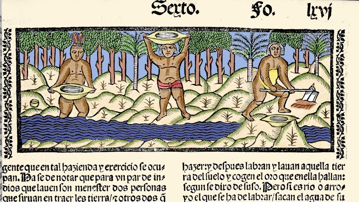 Goldsuche: Einheimische sieben den Fluss nach Gold. Gravur aus dem Buch „Historia general de las Indias, islas y tierra firme del mar oceano“ von Gonzalo Fernandez de Oviedo von Spanish School