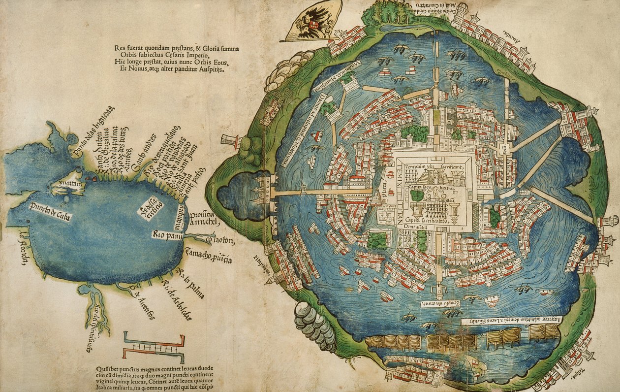 Karte von Tenochtitlan und dem Golf von Mexiko, aus Praeclara Ferdinadi Cortesii de Nova maris Oceani Hyspania Narratio von Hernando Cortes, 1524 von Spanish School