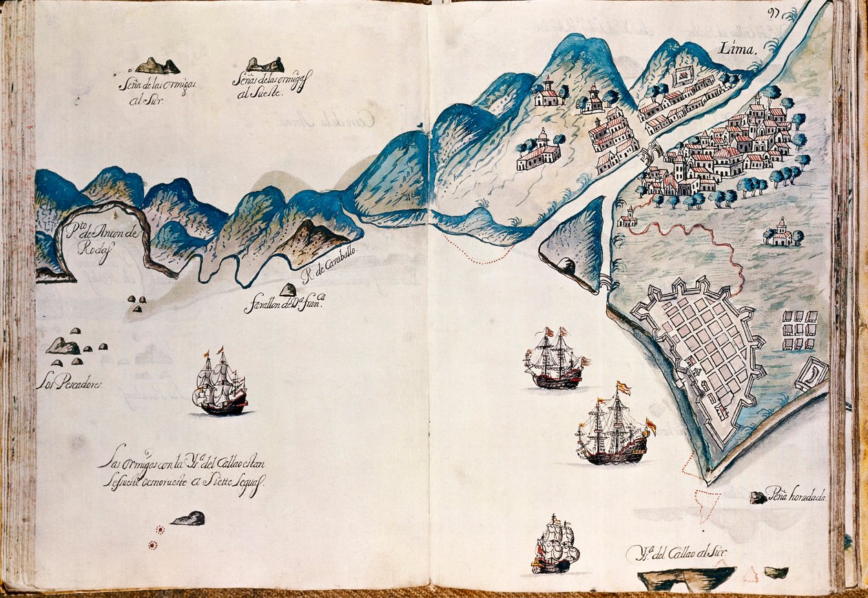 Karte eines Teils von Neuspanien, der Küste von Peru und der Stadt Lima, aus "Mapas de las costas de América en el mar del Sur, desde la última población de españoles en ellas, que es la ciudad de Compostela, en adelante" von Spanish School