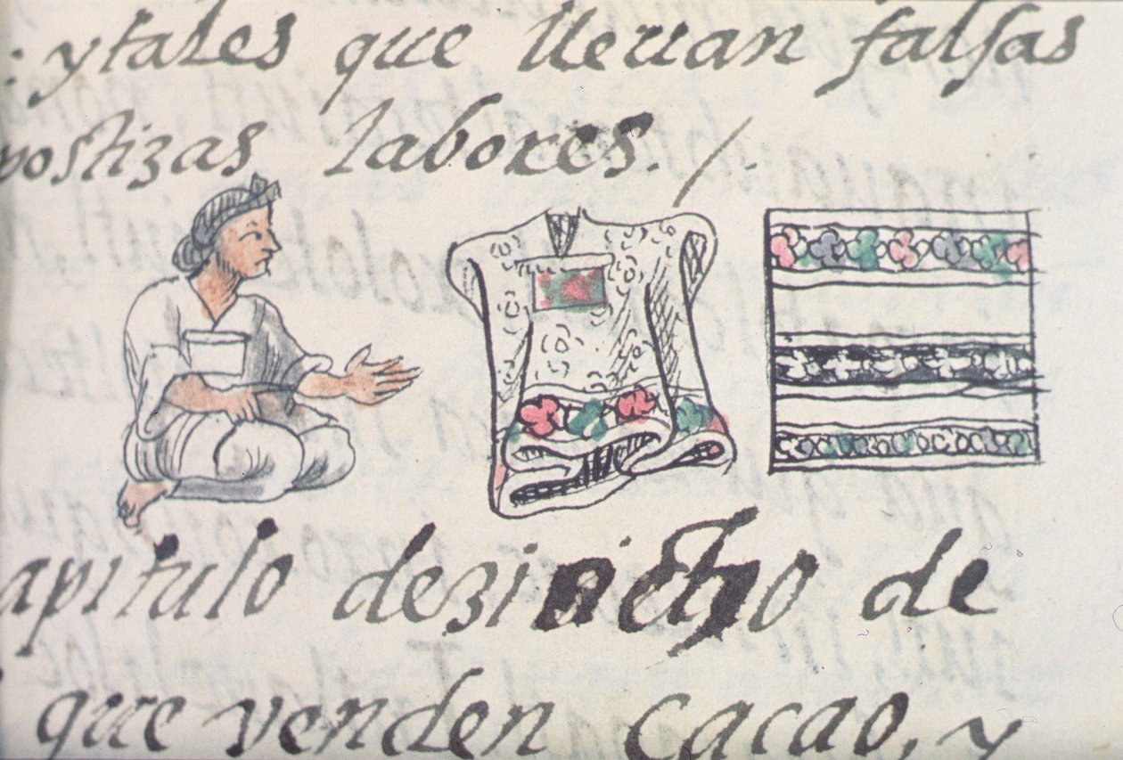 Ein aztekischer Händler verkauft Umhänge, aus dem Florentiner Kodex von Bernardino de Sahagun, ca. 1540-85 von Spanish School