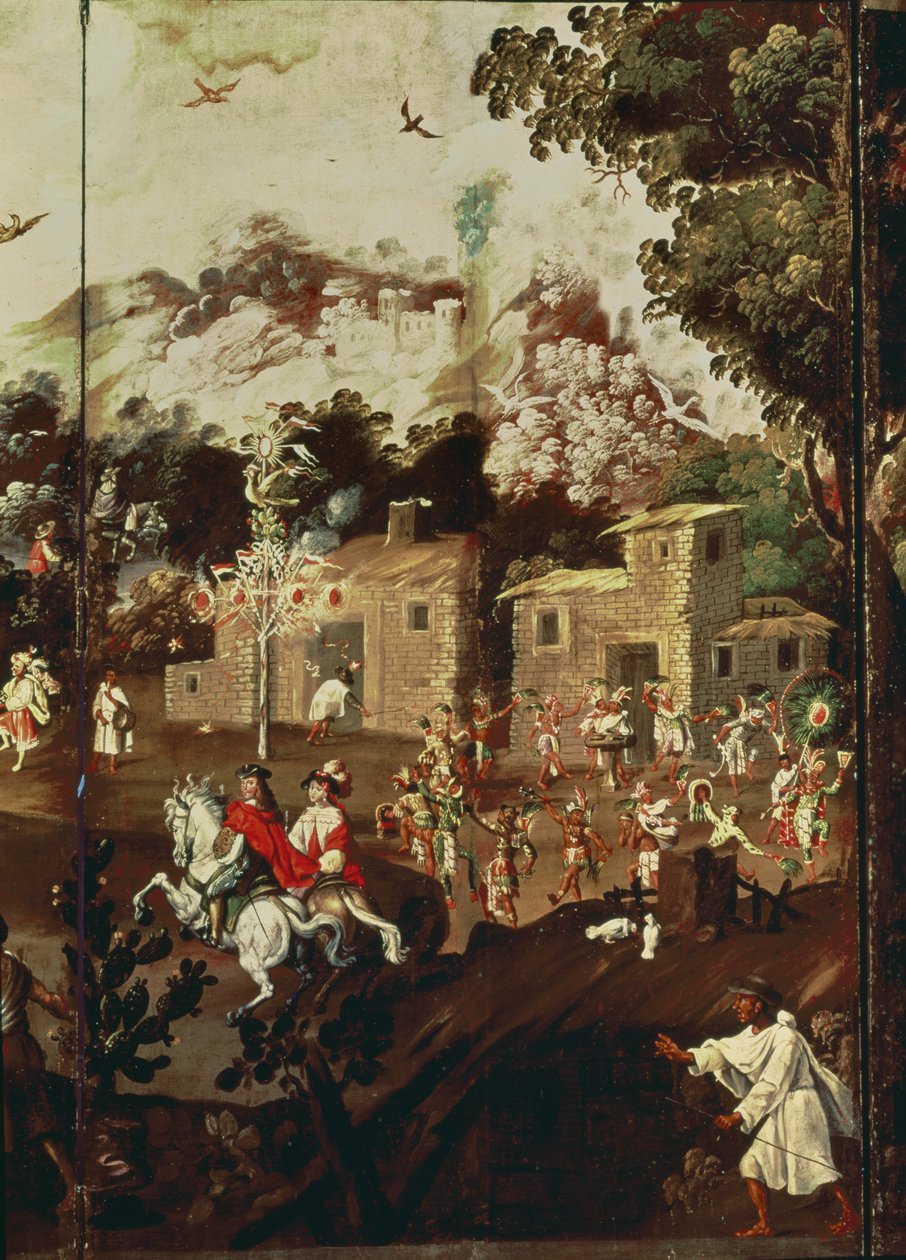 Panel von einem Paravent, das eine Reihe von Steinhäusern mit tanzenden Indianern darstellt von Spanish School