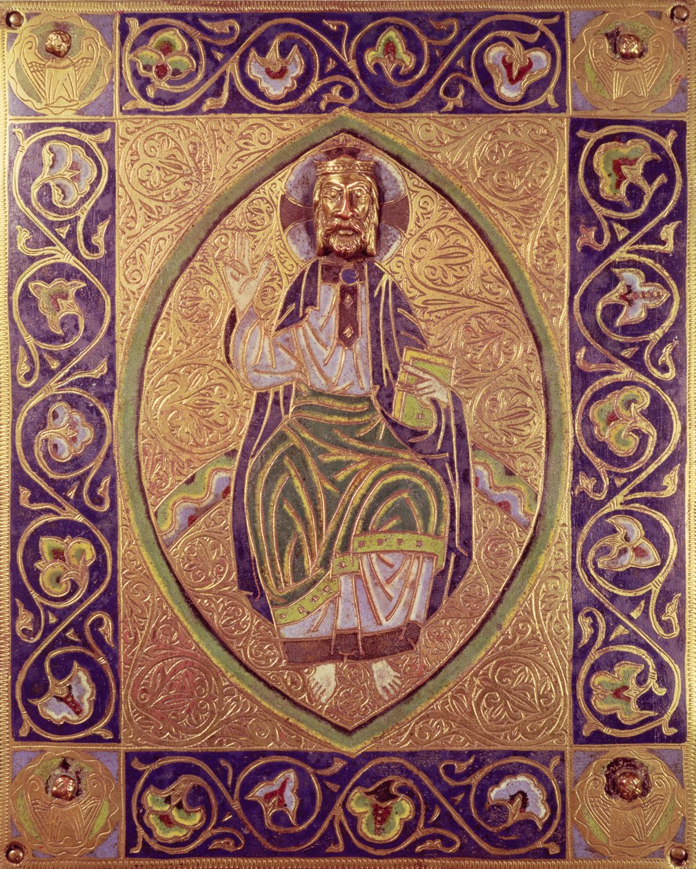 Plakette mit Darstellung von Christus, der segnet (Gold & Champlevé-Email) von Spanish School