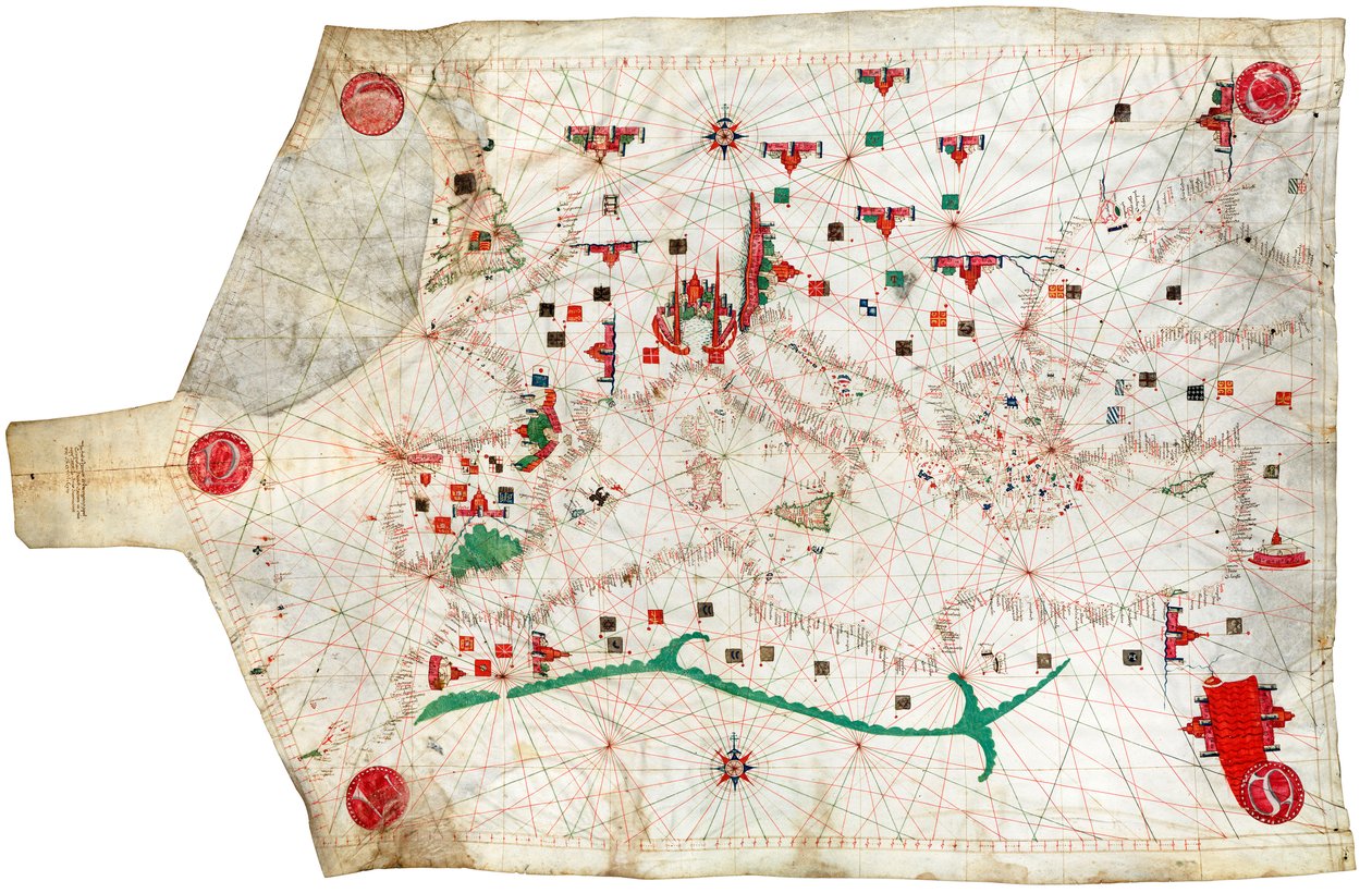 Portulankarte des Mittelmeers und des nordöstlichen Atlantiks, dies ist der älteste Portulan in den Sammlungen des National Maritime Museum von Spanish School
