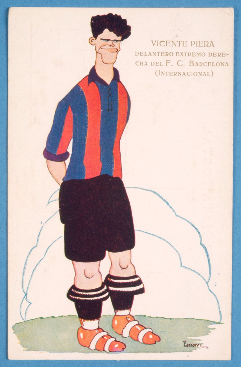 Postkarte mit einer Karikatur des spanischen Fußballers Vicente Piera von Barcelona von Spanish School