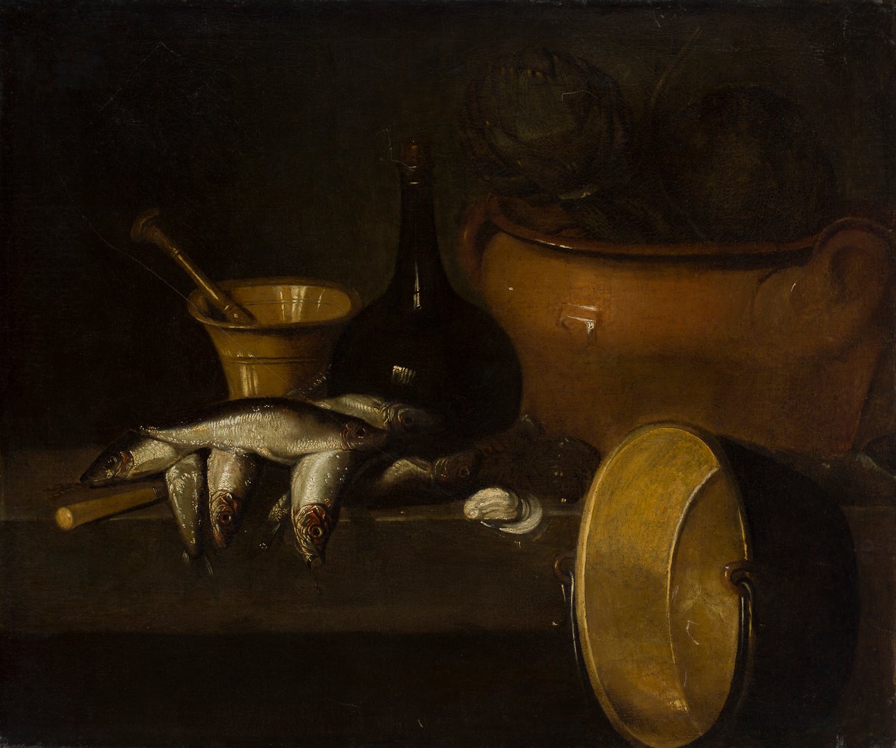 Stillleben mit Fisch und Artischocken (Öl auf Leinwand) von Spanish School