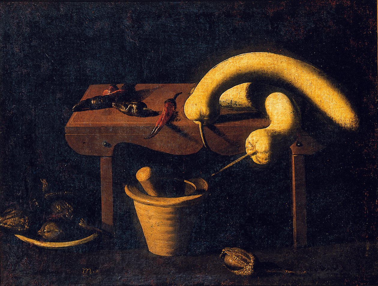 Stillleben mit Paprika und Kürbissen auf einer Bank mit einem Mörser und Stößel und toten Vögeln, ca. 1620 von Spanish School