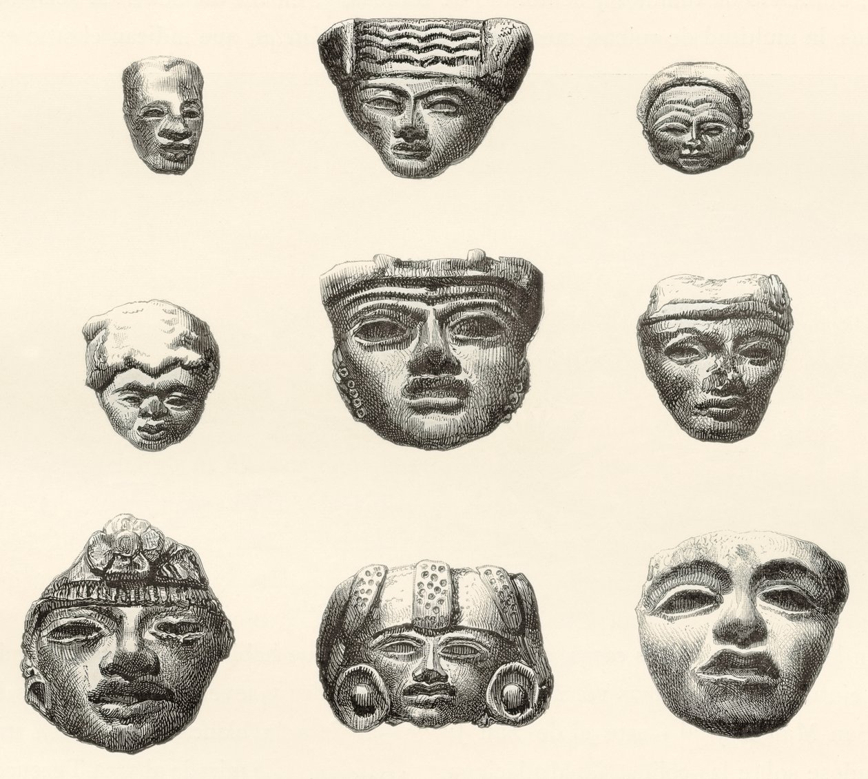 Steinköpfe und Masken, gefunden in Teotihuacan, Mexiko von Desiré Charnay während seiner Expedition 1880-1883 von Spanish School
