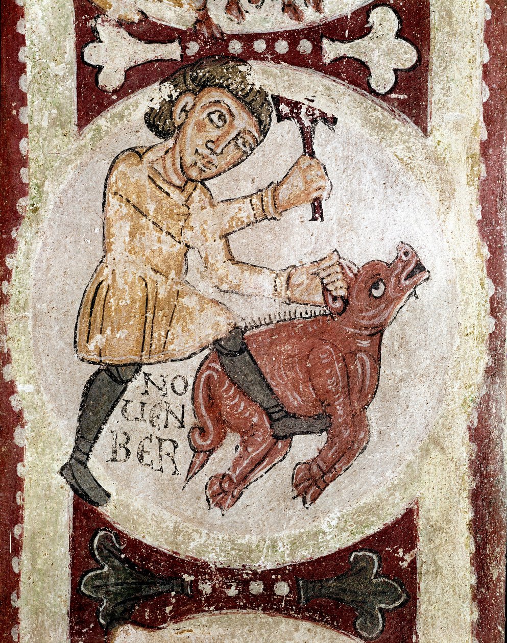 Der Zyklus der Monate: November (Schweineschlachtung). Detail eines Freskos aus dem 12. Jahrhundert im Königlichen Pantheon der Real Colegiata von San Isidoro von Spanish School