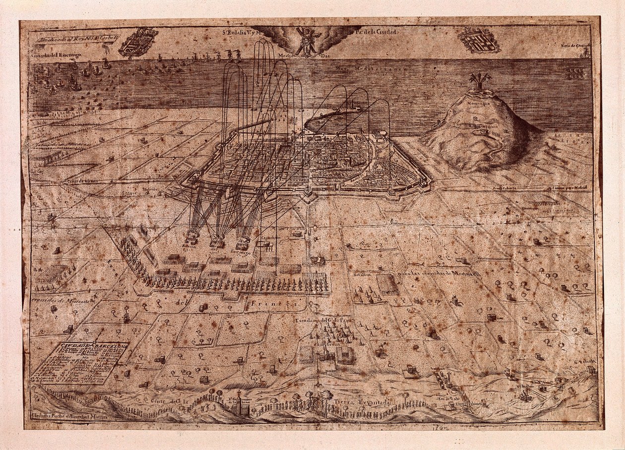 Der Aufstand Kataloniens oder der Krieg der Schnitter (1640-1659), die Belagerung Barcelonas zu Wasser und zu Land durch die Truppen Philipps IV. von Spanien (1605-1665). Gravur 1652. Stadtgeschichtsmuseum, Barcelona von Spanish School