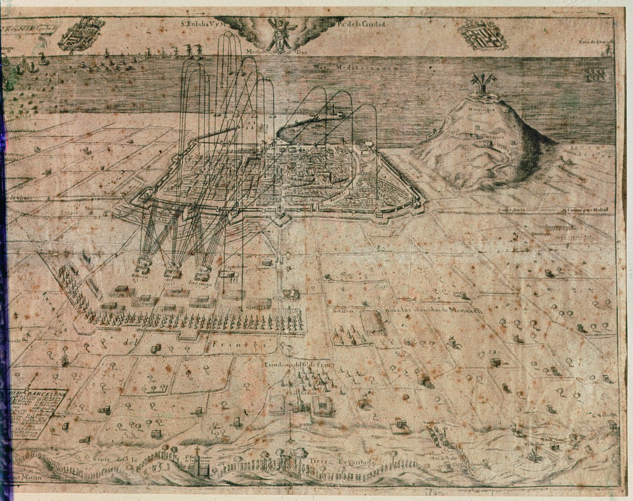Die Belagerung der Stadt Barcelona durch die Truppen von König Philipp IV. während des Erntekrieges von 1640-52 (Gravur) von Spanish School