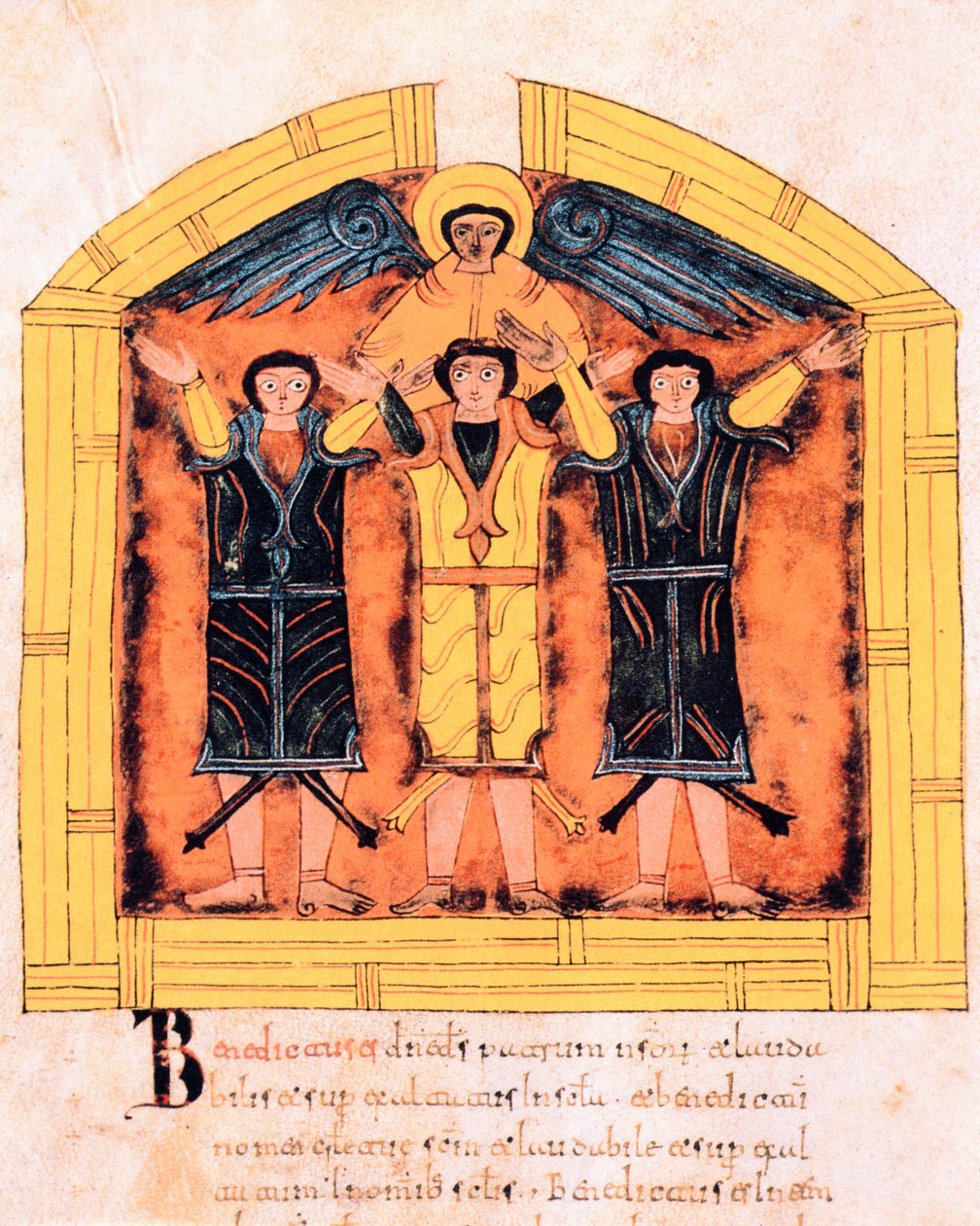Die drei Hebräer, Schadrach, Meschach und Abed-Nego, in den Ofen geworfen von Nebukadnezar, fol.318v, aus der Westgotisch-Mozarabischen Bibel von St. Isidor, A.D. 960 von Spanish School