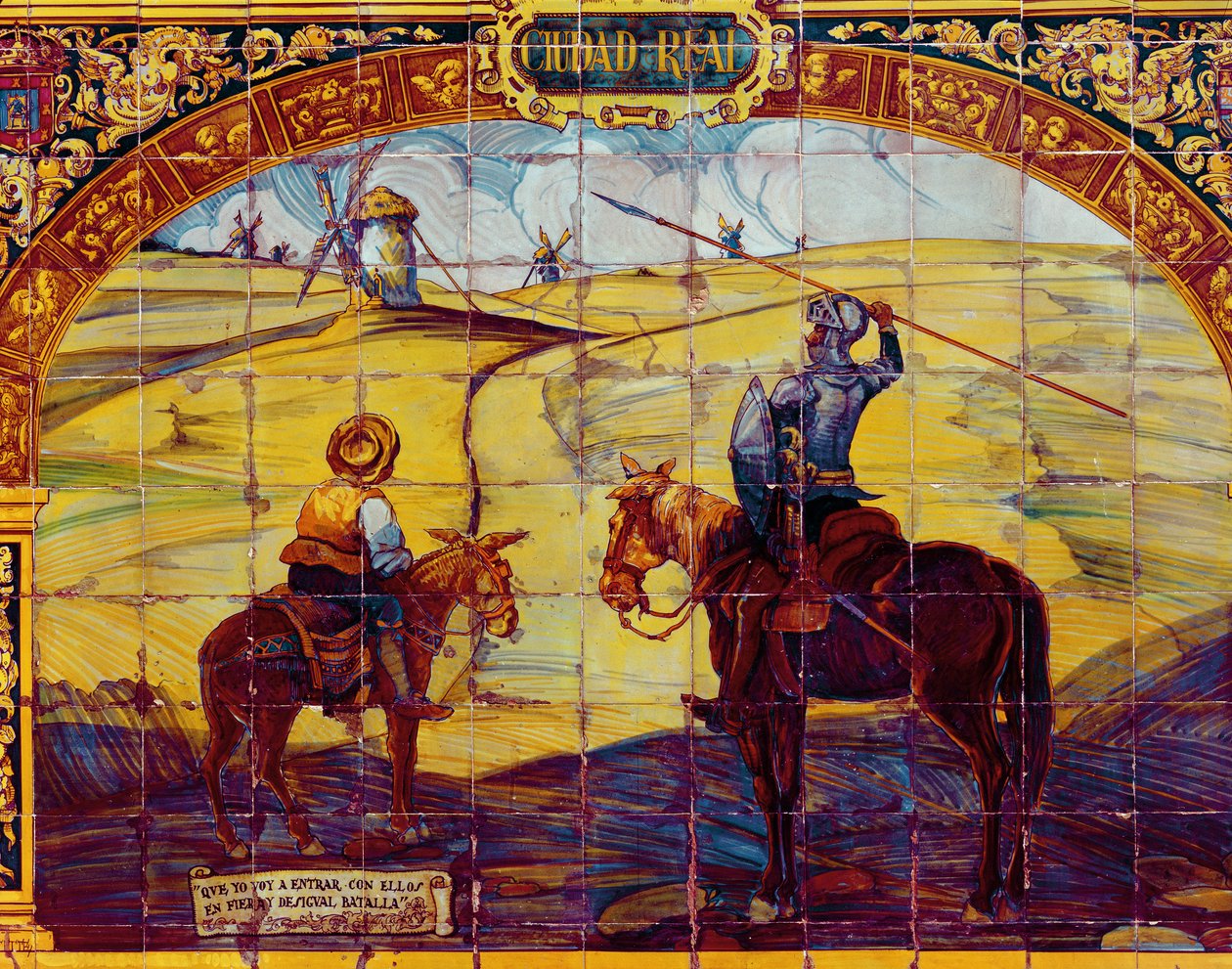 Fliesen, die Don Quijote und Sancho Panza zeigen, wie sie sich darauf vorbereiten, die Windmühlen anzugreifen (Keramik) von Spanish School