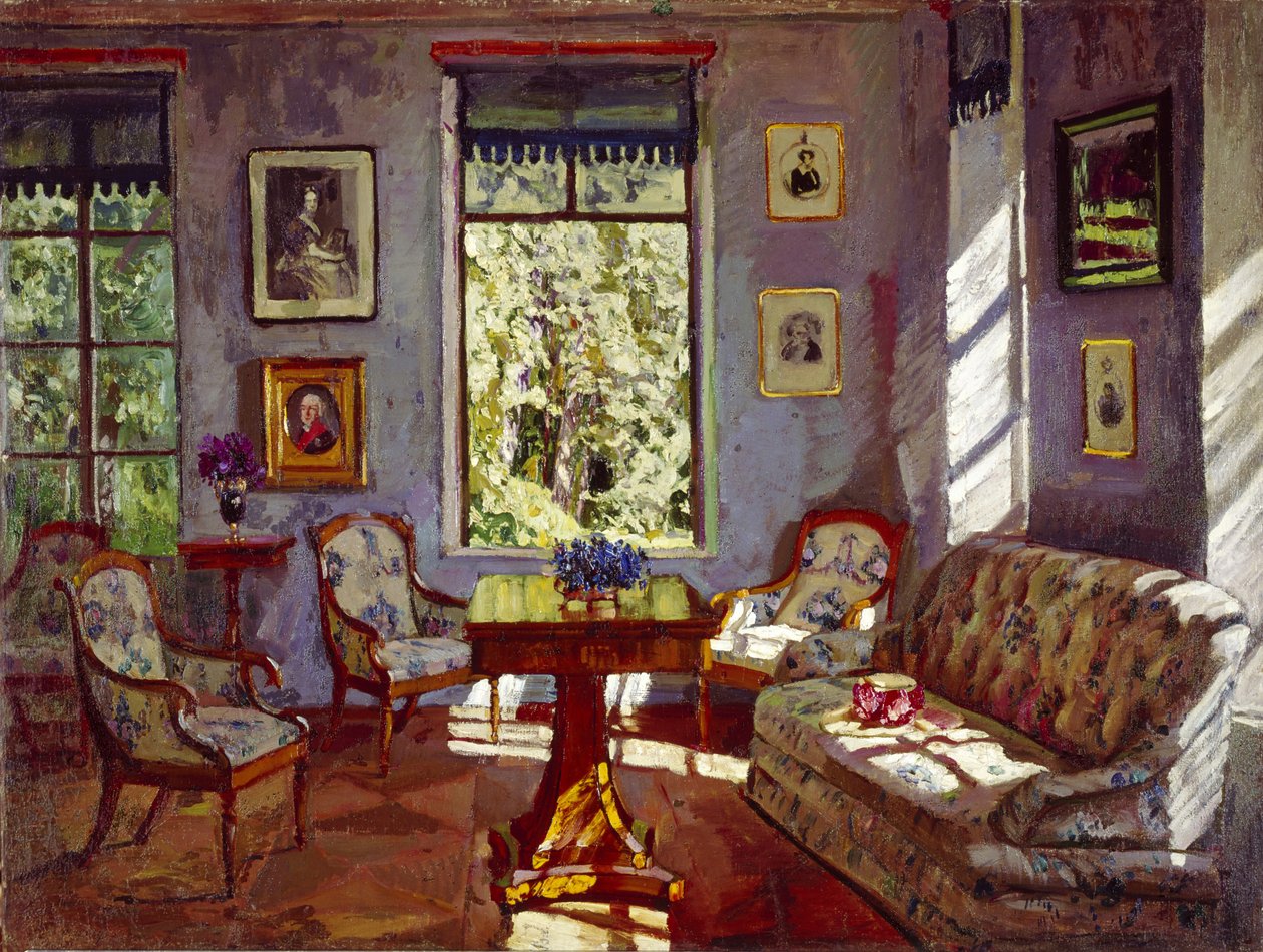 Das Wohnzimmer im Herrenhaus Rozhdestveno, 1916 von Stanislav Julianovic Zukovskij