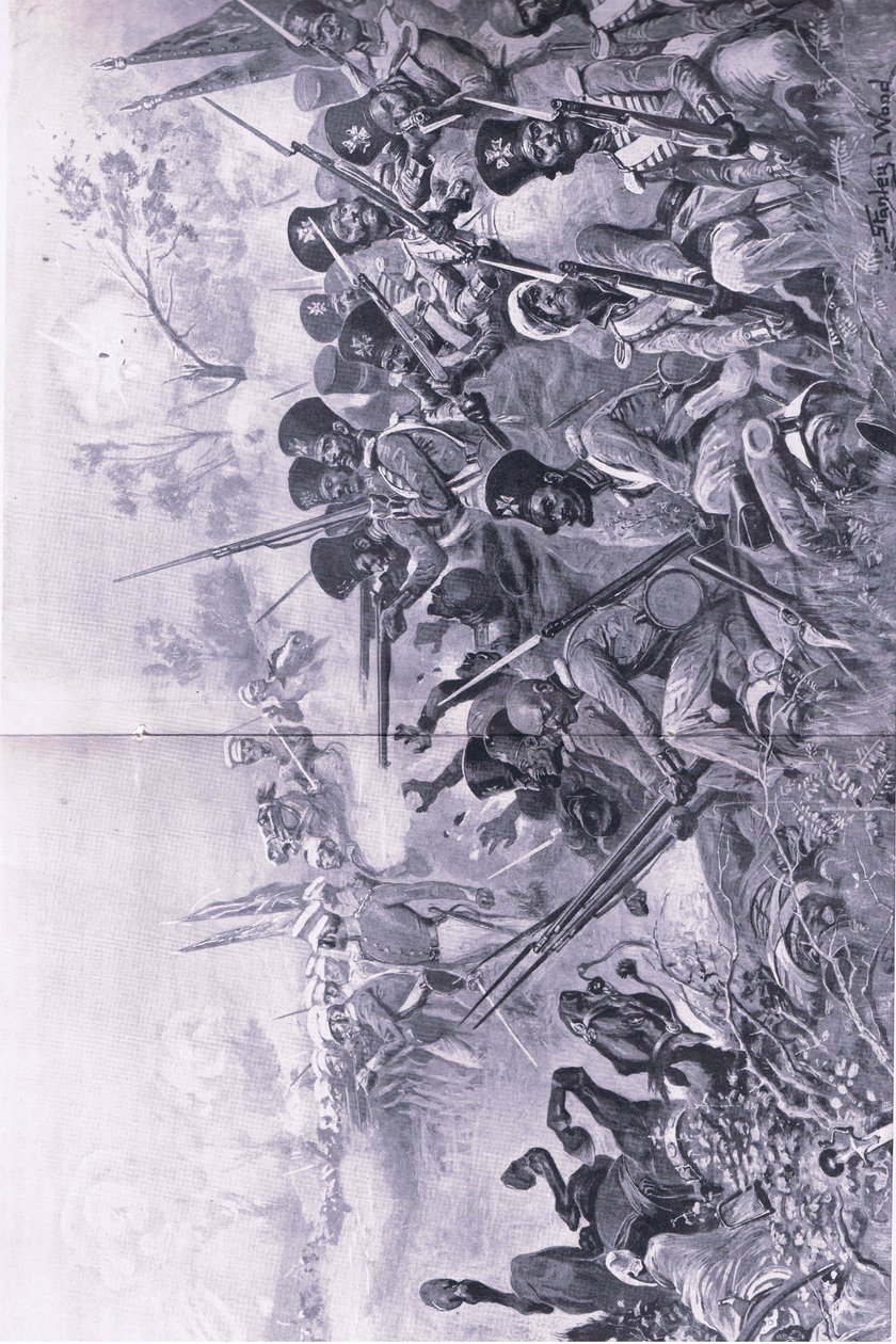 Chilianwala, 13. Januar 1849: Goddys Brigade macht einen tapferen Stand, als sie von Sikhs umzingelt wird, Illustration aus British Battles on Land and Sea, 1915 von Stanley L. Wood