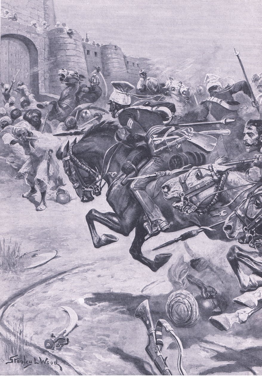 Die 16. Lanzenreiter und Skinners Reiter treiben die Jats nach Bharatpur; Dezember 1825, Illustration aus British Battles on Land and Sea, 1915 von Stanley L. Wood