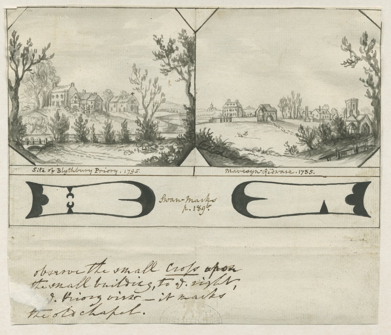 Mavesyn Ridware - Standort des Blythbury Priory: Indianertuschezeichnung, 1795 von Stebbing Shaw