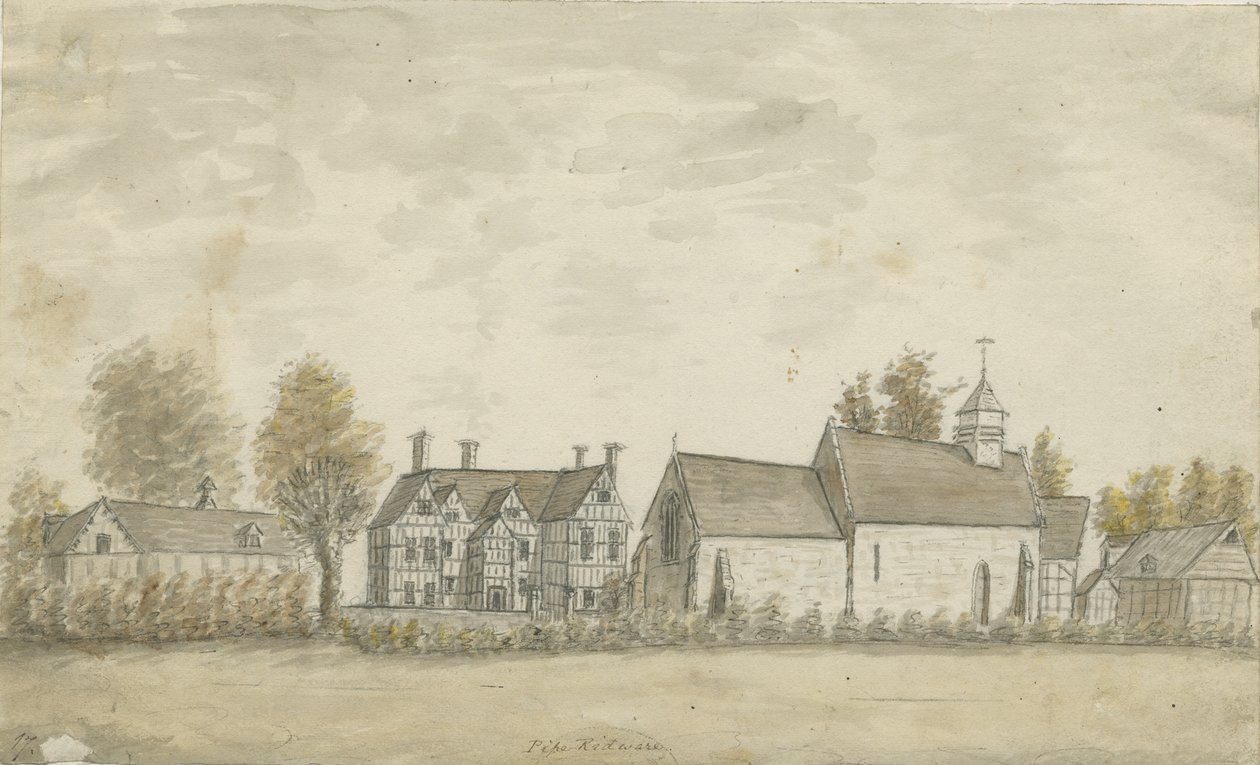 Pipe Ridware Church und Herrenhaus: Aquarellzeichnung, undatiert [1762-1798] von Stebbing Shaw